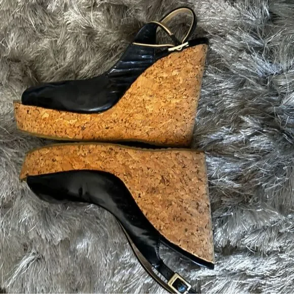 JIMMY CHOO cork wedge slingback sandals classic black dress shoes open toe y2k - Picture 2 of 7